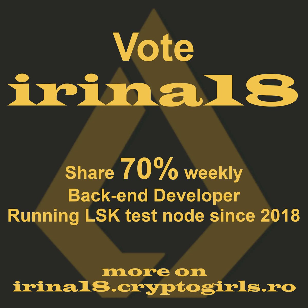 Vote for LSK Delegate irina18!
Address: lskd6dqmaapz54j2v69u3rk9hfmwwbmqfw8wwykgb
More on: irina18.cryptogirls.ro