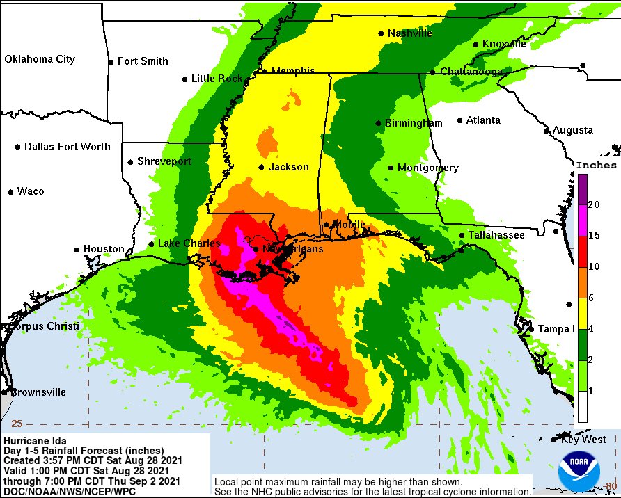 PearlGovernment's tweet photo. we continue to watch Hurricane Ida. Forecasts say it may still be a tropical storm here in the Pearl area on Mon with rainfall of 4 inches or more. This is as of Sat. at 4pm. Have a preparedness kit ready in case we lose power for a long period of time. @MayorWindham #pearlready https://t.co/3M2QUb8gl8