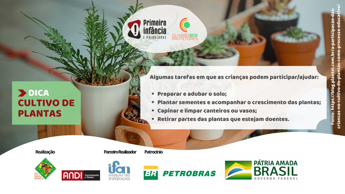 Dando continuidade ao tema do cultivo de plantas em casa, confira algumas maneiras das crianças participarem desse cuidado. Confira mais em: blog.plantei.com.br.
#ifan #institutodainfancia <a href="/petrobras/">Petrobras</a>
#ProgramaPetrobrasSocioambiental

#ProjetoPrimeiraInfanciaePrioridade