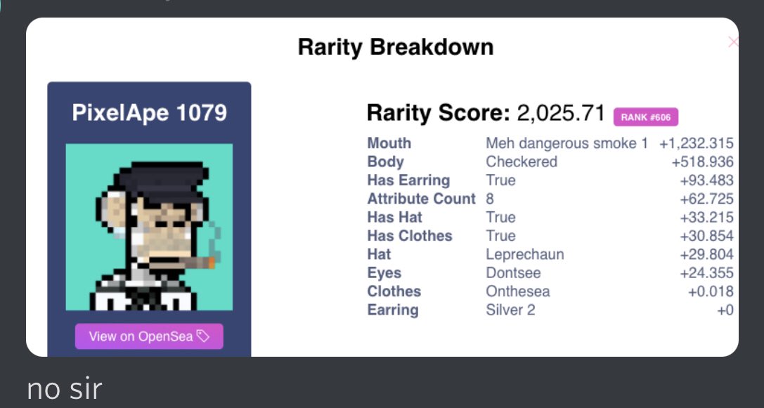dave65739321's tweet photo. ranked at #608 rarity score of 2,025.71 and y’all thought I was just a scammer spreading love the ape way ! Congrats to @ETS_ZedRacing  SUPER RARE ape bro .... first of many 
#weape24 
Ape together STRONG 🦧🔥🦍 https://t.co/saQDaP5XgS
