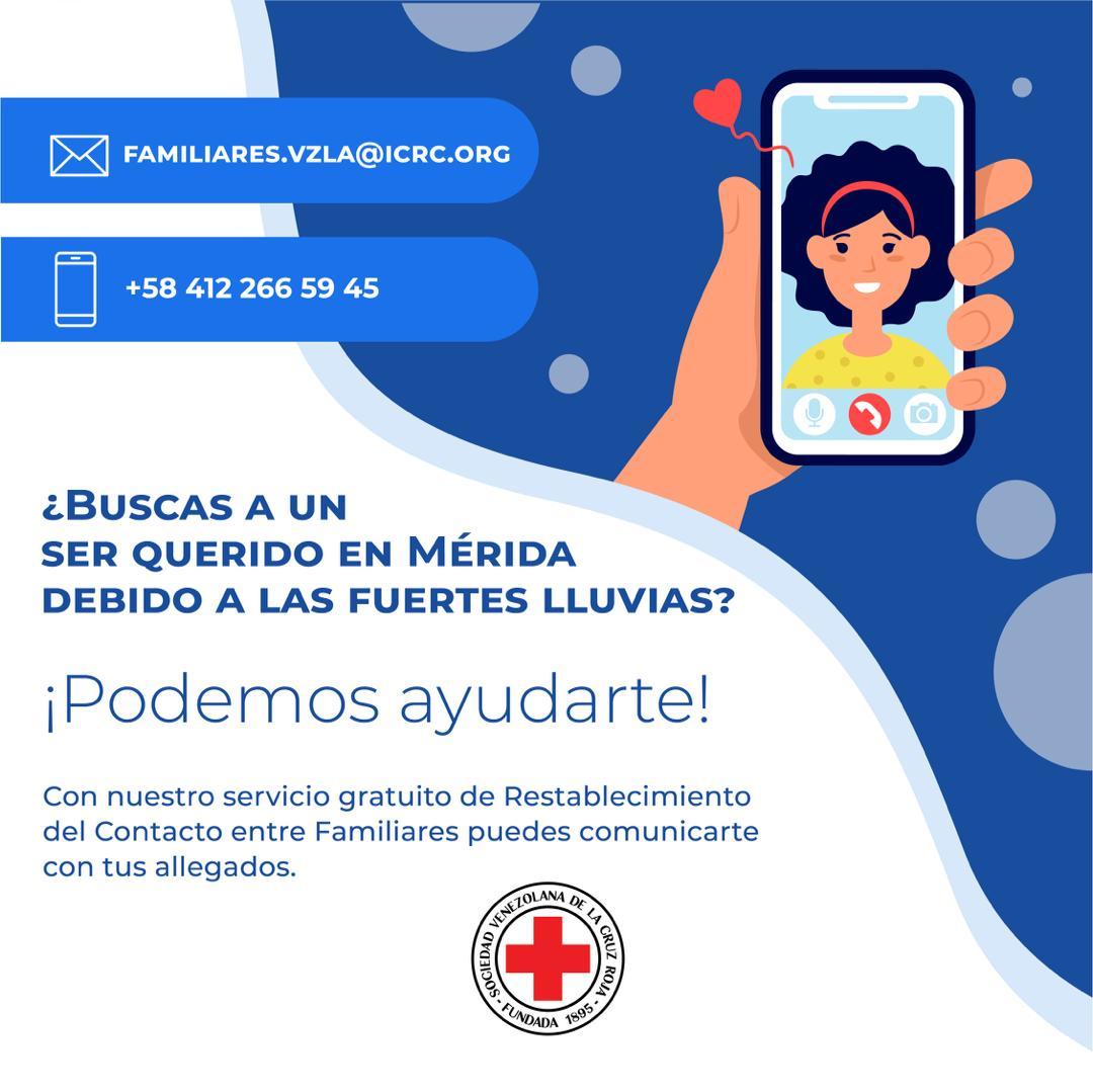 Rcf_aragua's tweet photo. Ante las emergencias que se presentaron en el estado #MeridaVenezuela La Cruz Roja Venezolana habilita este medio para ayudar a conectarte con tus familiares y seres queridos. Llámanos podemos ayudarte https://t.co/usNIFF4bxP
