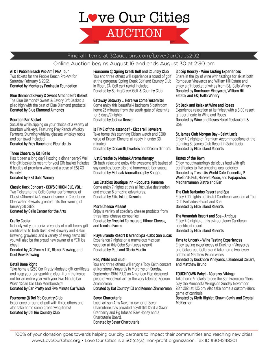 Our Amazing Online Auction ends THIS MONDAY, 2:30pm - Caribbean Vacations, Yosemite Vacation Home, 49er’s tickets, Wine Tasting Experiences and many many more incredible items. Browse through these items and win! 32auctions.com/loveourcities2…