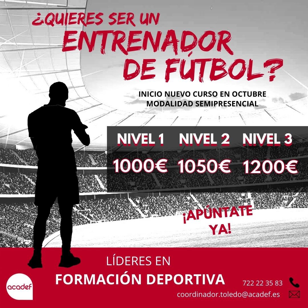 ⚽ ¿Quieres ser entrenador de fútbol?

📝 ¡Apúntate a nuestro curso que dará comienzo en octubre!

➡️ Turno matinal y vespertino 
➡️ Un día a la semana
➡️ Bloque común a distancia

Ponte en contacto con nosotros:
📞 722 223 583
📩 coordinador.toledo@acadef.es