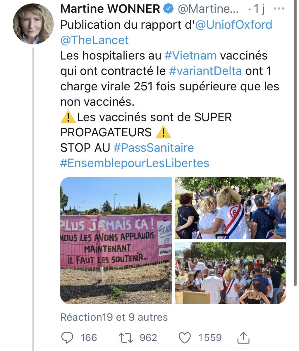 DeBunKerEtoiles's tweet photo. Martine Wonner, députée et médecin psychiatre.
Soit elle n’est pas capable de lire une étude, soit c’est une menteuse :
L’étude dit que la charge virale est 251 fois + élevée chez les personnes contaminées par le variant Delta qu’avec la souche originelle.
https://t.co/3JT3Sgkt7F https://t.co/SuNDU3tvKo