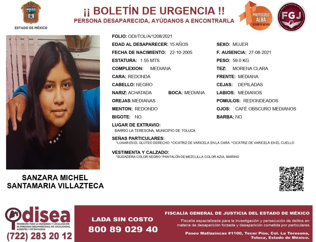 QuePocaMadre_Mx's tweet photo. ¡COMPARTE! Posiblemente gracias a ti podamos localizar a Sanzara Michel Santamaria Villazteca, de 15 años de edad, fue vista por última vez el día 27 de Agosto de 2021 en Barrio La Teresona en el municipio de #Toluca #Edomex https://t.co/0ytUxSUkpV