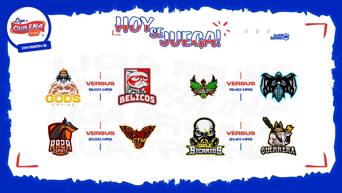 Liga Chilena Fruna (@ligafruna_cl) on Twitter photo #División2 | Jornada 4 ⚔️
Dia sabado de #LCHF, tendremos un día de grandes partidos en la división de plata. 💪🏻
Puedes mirar todas las batallas vía <a href="/Twitch/">Twitch</a> en los siguientes canales:
📽️ <a href="/Recameca/">Recameca 😈</a> 19:00 🇨🇱
📽️ <a href="/Recameca/">Recameca 😈</a> 19:40 🇨🇱
📽️ <a href="/kevincito_CR/">Kevincito</a> 21:00 🇨🇱
📽️ @SrFlake1 21:40 🇨🇱 #División2 | Jornada 4 ⚔️
Dia sabado de #LCHF, tendremos un día de grandes partidos en la división de plata. 💪🏻
Puedes mirar todas las batallas vía <a href="/Twitch/">Twitch</a> en los siguientes canales:
📽️ <a href="/Recameca/">Recameca 😈</a> 19:00 🇨🇱
📽️ <a href="/Recameca/">Recameca 😈</a> 19:40 🇨🇱
📽️ <a href="/kevincito_CR/">Kevincito</a> 21:00 🇨🇱
📽️ @SrFlake1 21:40 🇨🇱