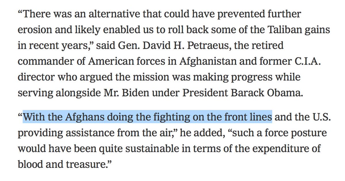 EricLevitz's tweet image. Seems worth noting that when Petraeus says Biden could have held back the Taliban at a sustainable cost in "blood," he means the president could have sustained a stalemate in a civil war at a cost of 10,000+ Afghan army/civilian deaths a year. (Afghans apparently do not bleed)