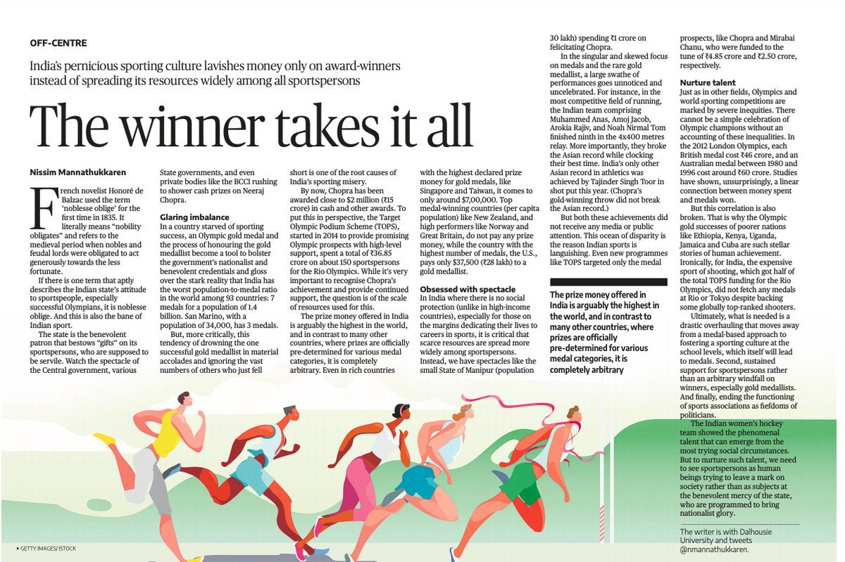nmannathukkaren's tweet photo. My article in The Hindu today on the feudal obsession in India to drown the Olympic gold medal winner in crores of Rupees of awards, while ignoring other creditable performers or sportspersons in general. https://t.co/oSifNkardJ