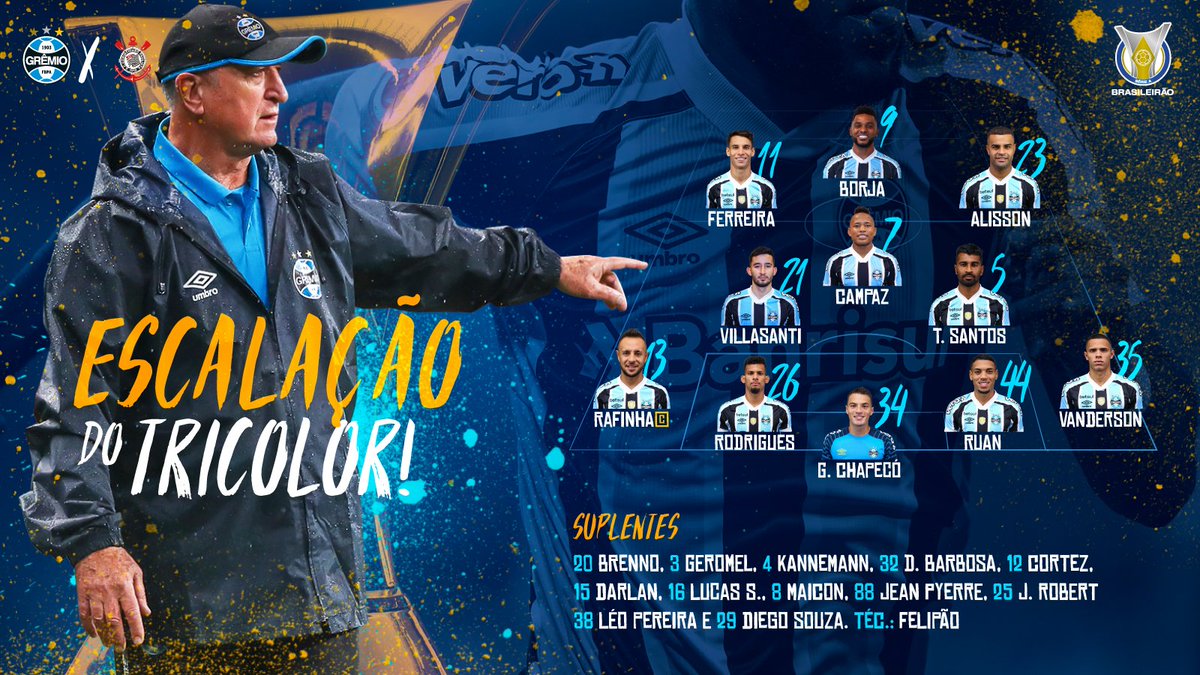 Gremio's tweet photo. 📋ESCALAÇÃO DO TRICOLOR! 
💪🏽⚽🇪🇪 #GRExCOR #VamosTricolor #Brasileirão2021 https://t.co/REwG0enieA