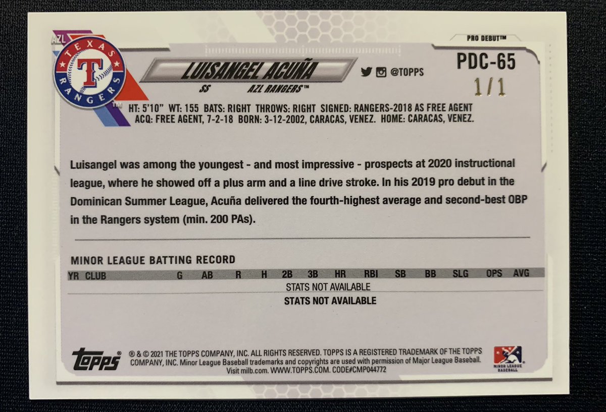 Cre8Collections's tweet photo. /1 #Topps #ProDebut #SuperFractor #1of1 #Rangers #Acuna https://t.co/2ymzklLATW