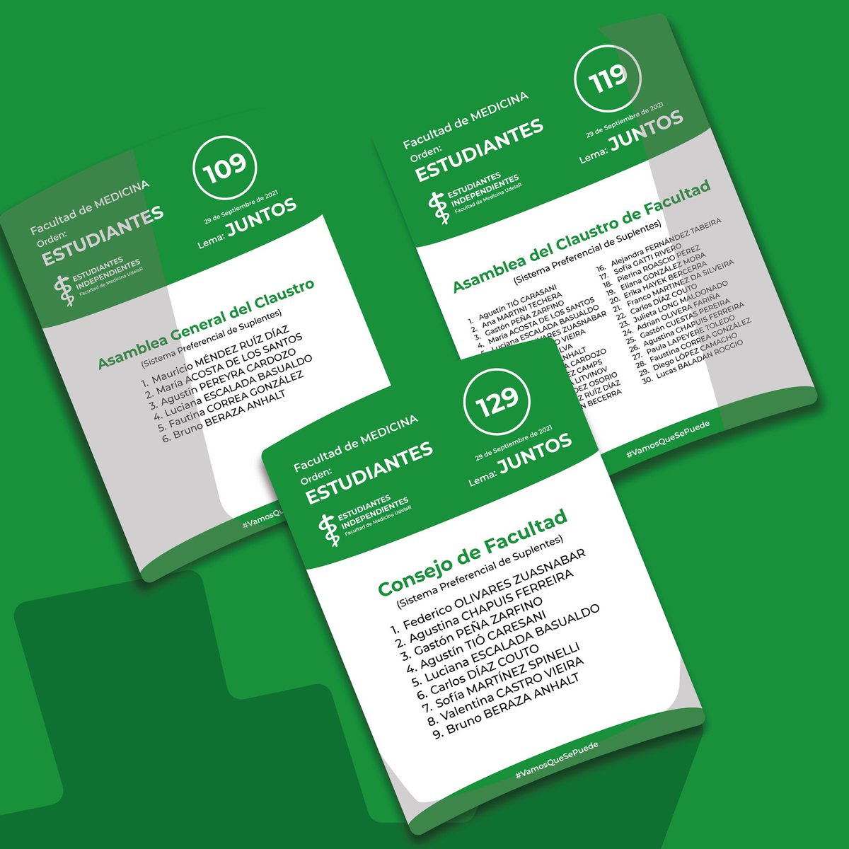 Ahora toca presentarte nuestras listas 📃

Este año vamos con los numeros 109, 119 y 129 para la Asamblea General del Claustro, Asamblea del Claustro de Facultad y Consejo de Facultad, respectivamente.

Estas elecciones vota la lista verde   🟢
#vamosquesepuede