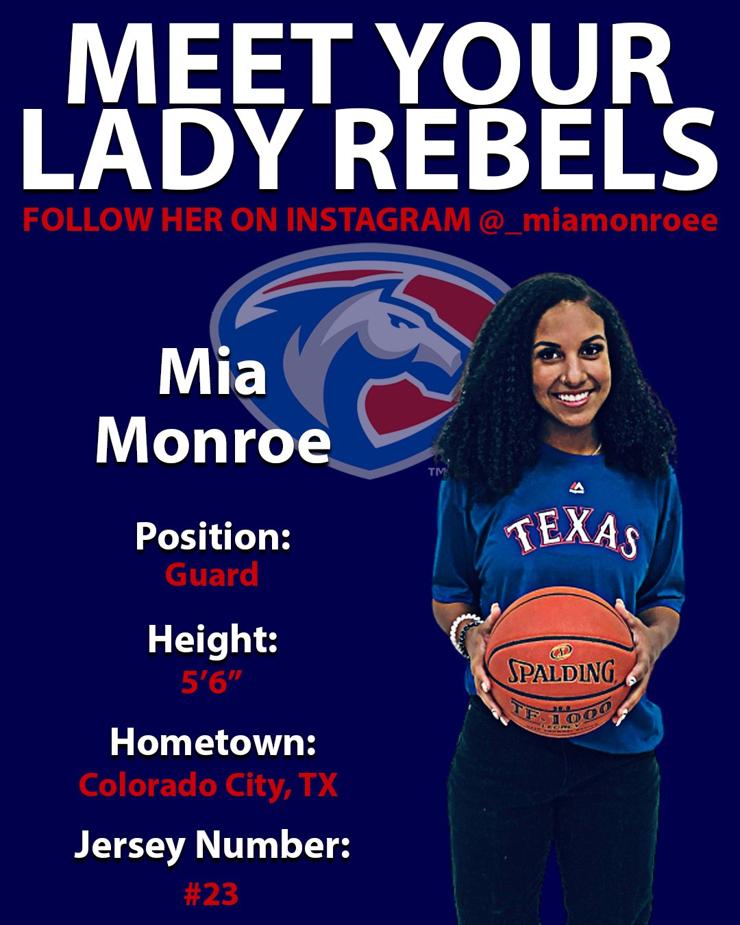 Hill College Women's Basketball on X: Time to meet your @HillCollege  #ladyrebels Meet Mia Monroe from Colorado City, Tx 💯  t.co1ETYwy2Us2  X