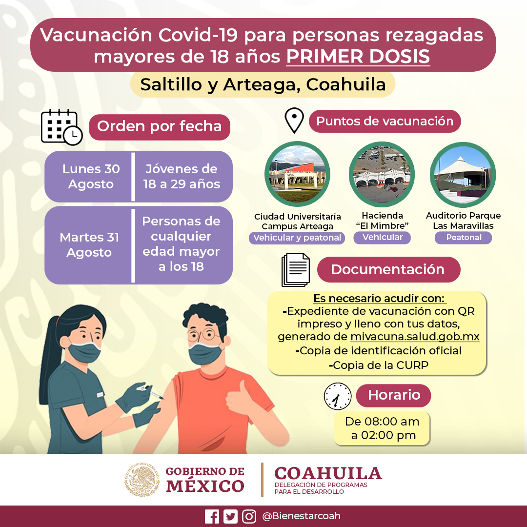 📌Atención #Saltillo y #Arteaga
Este lunes estaremos aplicando la vacuna contra el Covid-19 a jóvenes de 18 a 29 años, y será el martes 31 cuando podrán acudir personas de cualquier edad mayor a los 18 años que no hayan recibido la vacuna.