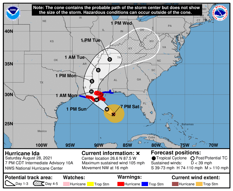 NWS's tweet photo. #Ida is forecast to strengthen rapidly before landfall tomorrow. Life-threatening storm surge, potentially catastrophic wind damage, and flooding rainfall is expected to impact the northern Gulf Coast beginning Sunday. https://t.co/hNxTvYfG04