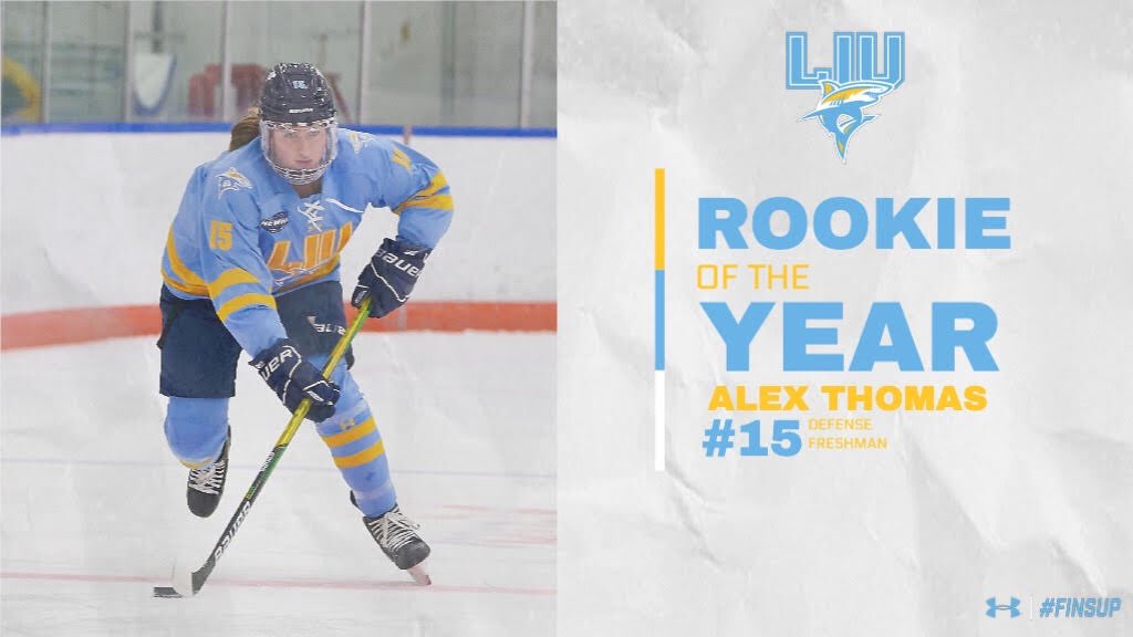 LIUWHockey's tweet photo. Congrats to @aalexthomas1 voted Rookie of Year🦈 https://t.co/tSAWTqqe45