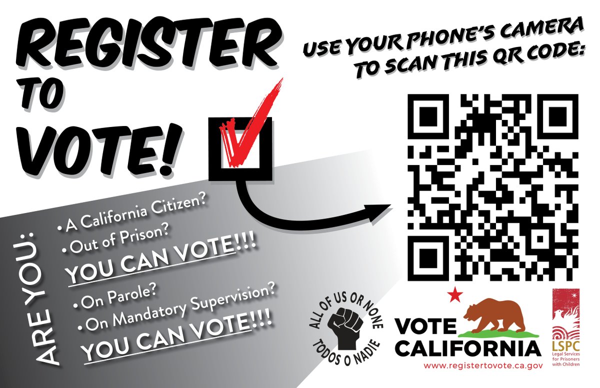 MONDAY AUG. 30 LAST DAY TO REGISTER TO VOTE IN CA!
Remember, if you have a felony conviction and out of prison:
YOU CAN VOTE!!

(Yes, even on parole or supervision!)

Register here so you can vote in the Sept. 14 recall election:
registertovote.ca.gov
