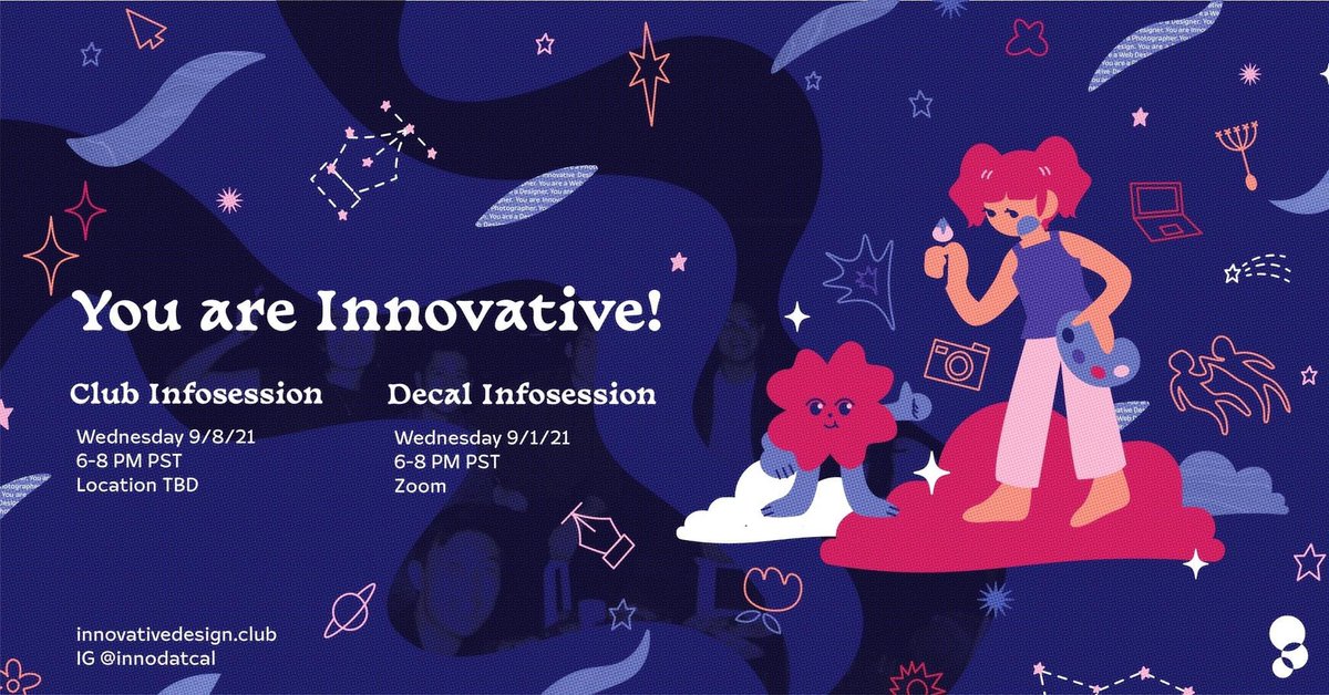 InnoDatCAL's tweet image. Innovative Design is back with another wicked semester of design, photography, and webdesign. Learn more in the links below!

Club Infosession: tinyurl.com/innodfa21club
Decal Infosession: tinyurl.com/innodfa21decal

innovativedesign.club