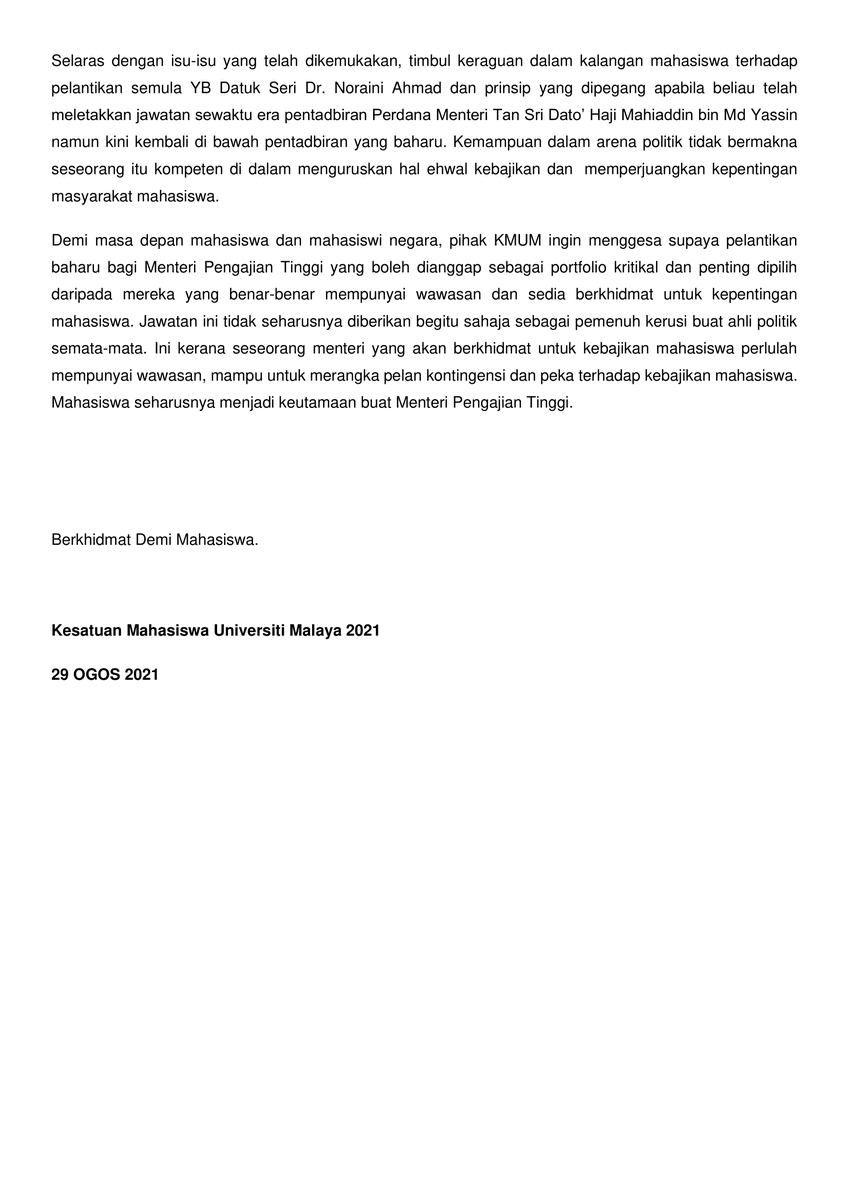 kmum1905's tweet photo. [KENYATAAN KMUM TERHADAP PELANTIKAN SEMULA YB DATUK SERI DR. NORAINI AHMAD SEBAGAI MENTERI PENGAJIAN TINGGI]

Pihak KMUM mengambil maklum akan pelantikan semula YB Datuk Seri Dr. Noraini Ahmad sebagai Menteri Pengajian Tinggi. https://t.co/m0EADxtGi8