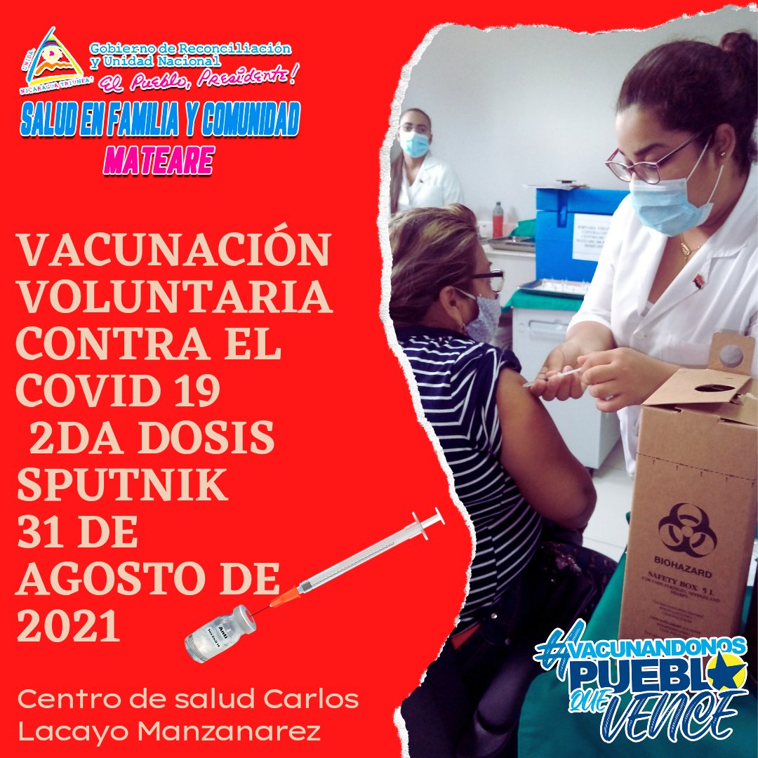 🚨Atención🚨
Vacunación voluntaria contra el covid 19 SputnikV 2da dosis. Este 31 de Agosto de 2021.Garantizada por nuestro buen gobierno❤️🖤🇳🇮✌️🙏👍💉💉💉
#NicaraguaLinda
#Nicaragua
#SaludEnFamiliaYComunidad