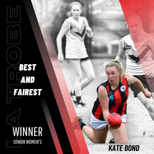 latrobeunifc's tweet photo. Our Senior Women’s 2021 Best and Fairest winner, Kate Bond! 

In a tight count Bondy successfully secured her fourth consecutive senior best and fairest at the Club with Kaitlyn Ritchie finishing runner up just three votes shy of the top honour 🥇🥈

#TogetherAsTrobers https://t.co/J9mYwuqiUI