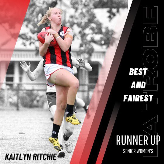 latrobeunifc's tweet photo. Our Senior Women’s 2021 Best and Fairest winner, Kate Bond! 

In a tight count Bondy successfully secured her fourth consecutive senior best and fairest at the Club with Kaitlyn Ritchie finishing runner up just three votes shy of the top honour 🥇🥈

#TogetherAsTrobers https://t.co/J9mYwuqiUI