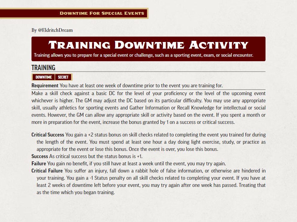 I've been running a lot of sporting events in a home game lately, made this up to make training more impactful than just XP hunting. Also because a lot of the events don't allow magical assistance. #Pathfinder2e #downtime #pf2e #pathfinder https://t.co/bAsEVzDK54