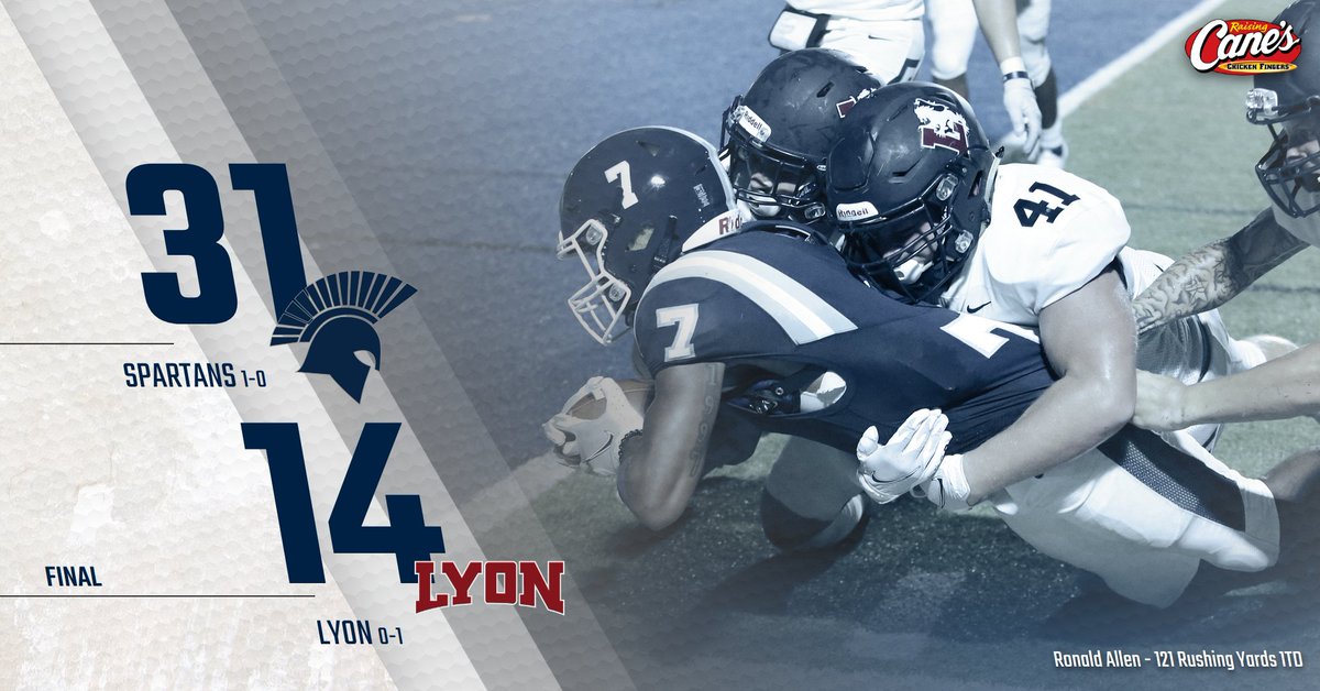 FINAL: LYON 14, MBU 31

FOR THE FIRST TIME IN OUR HISTORY, WE ARE VICTORIOUS ON THE SEASON OPENER! 

Ronald Allen trucked his way to 121 rushing yards and a TD while Josh Munn posted three total TDs! 
#SpartanUp