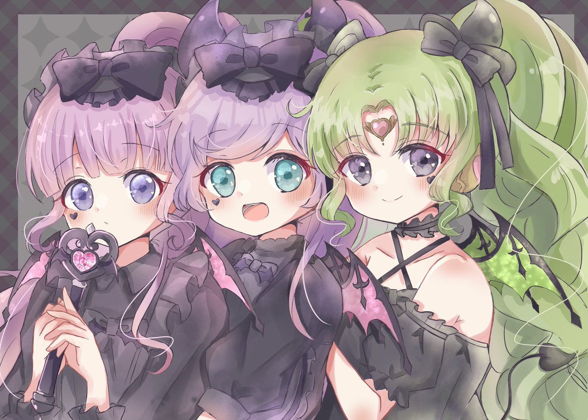 multiple girls 3girls purple hair green hair bow smile horns  illustration images