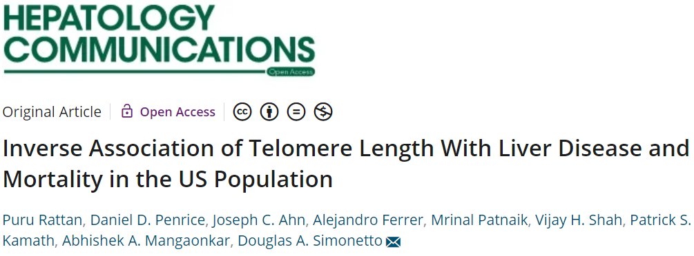 Puru Rattan, MD (@puru_md) on Twitter photo Very excited to share some of the liver disease and #telomeres research we have been doing at <a href="/MayoClinicGIHep/">Mayo Clinic Gastroenterology & Hepatology</a>
⬇️ TL assoc. w/ ⬆️ fibrosis in older ages
⬇️ TL ➕ all-cause mortality is 📈 in:
🧬Liver Disease
🧬Women
🧬Non-White Race/Ethnicity
doi.org/10.1002/hep4.1… Very excited to share some of the liver disease and #telomeres research we have been doing at <a href="/MayoClinicGIHep/">Mayo Clinic Gastroenterology & Hepatology</a>
⬇️ TL assoc. w/ ⬆️ fibrosis in older ages
⬇️ TL ➕ all-cause mortality is 📈 in:
🧬Liver Disease
🧬Women
🧬Non-White Race/Ethnicity
doi.org/10.1002/hep4.1…