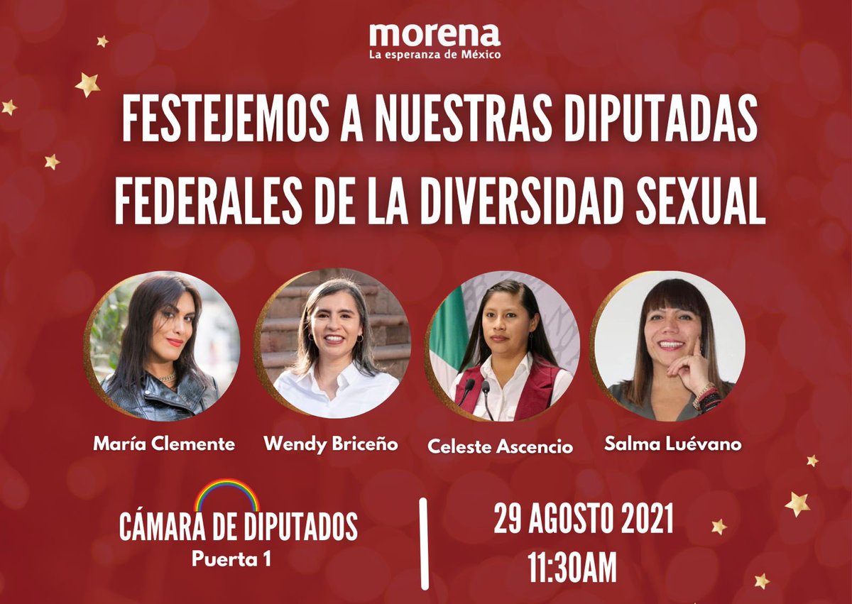 ¡Celebremos que cuatro mujeres de la diversidad sexual formarán parte de la LXV Legislatura de la Cámara de Diputados! ✅Acompáñanos este domingo 29 de Agosto en el Palacio Legislativo de San Lázaro ✅ 11:30 am para celebrar este logro. ¡Ahí nos vemos! #MorenaDiverSex 🏳️‍🌈