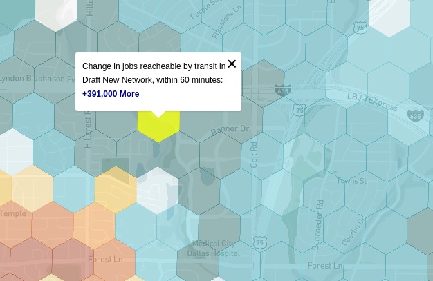 jaylanghurst's tweet photo. @WalkableDFW LBJ &amp; Coit takes it at 391k, but more interesting the map data file contains an attribute not displayed - seems to be percent job access change.  Take a look at both data points filtered to show only those with 100k+ job increase (color for #, size for %):
https://t.co/SvfvAJLQMP https://t.co/jKyKhQY4rN