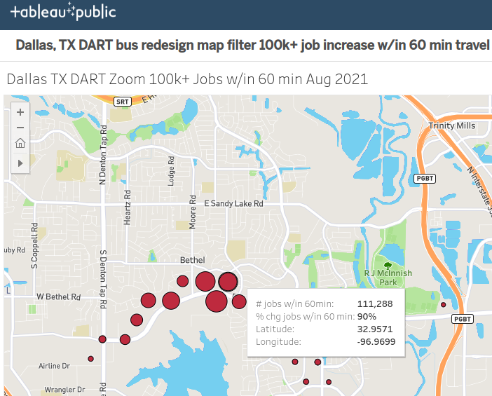 jaylanghurst's tweet photo. @WalkableDFW LBJ &amp; Coit takes it at 391k, but more interesting the map data file contains an attribute not displayed - seems to be percent job access change.  Take a look at both data points filtered to show only those with 100k+ job increase (color for #, size for %):
https://t.co/SvfvAJLQMP https://t.co/jKyKhQY4rN