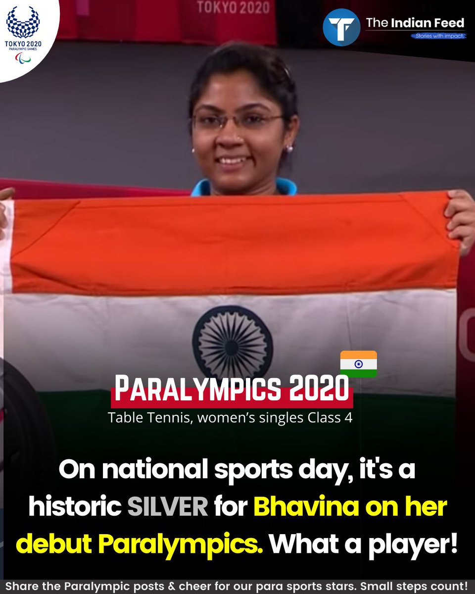 theindianfeed's tweet photo. #Paralympics 2020 | Table Tennis, women’s singles Class 4 final | #BhavinaPatel goes down against World No 1 Zhou Ying. But it is a dream debut with silver for Bhavina. What a dream run she had, upsetting some top rankings to enter the finals of the big stage.  🇮🇳 🇮🇳 https://t.co/8Sf0LUk7VO