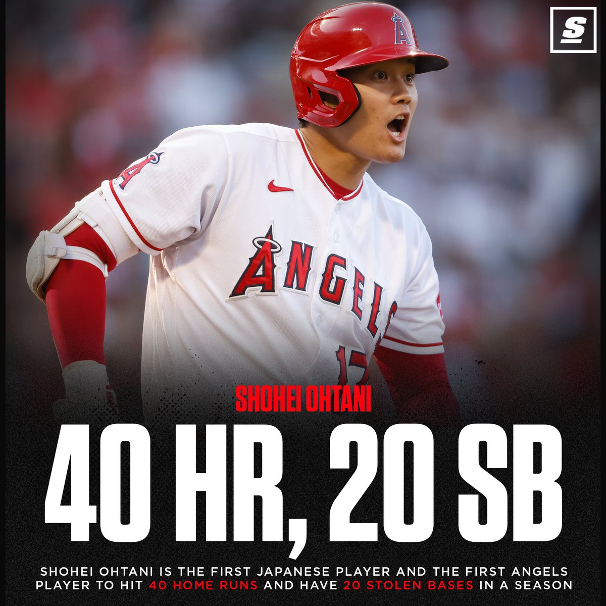 theScore's tweet photo. Shohei Ohtani becomes the first Angels player and the first Japanese-born player to get 40 HR and 20 stolen bases in the same season. 🔥 https://t.co/zqbG45rnNB