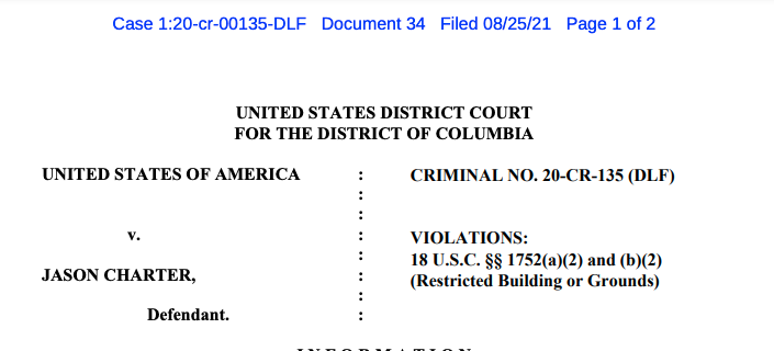 AntifaWatch's tweet photo. Jason Charter pled guilty to federal charges from last summer's riots several days ago.

He was initially charged with destruction of gov property, desecrating a veterans memorial, and aiding and abetting. 

@USAO_DC let him plea down to disorderly conduct on restricted grounds https://t.co/mVkauyERwK