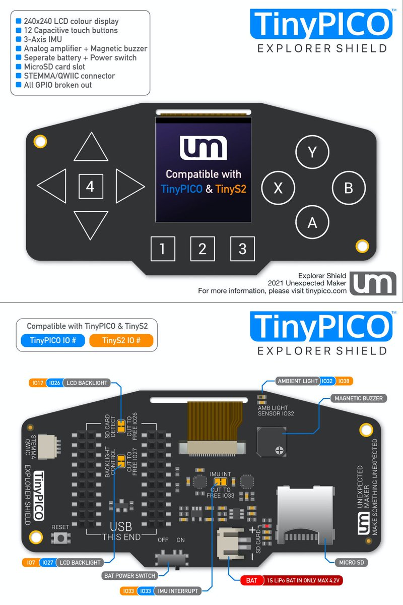 unexpectedmaker's tweet photo. And to top it all off - I’ve been designing a bunch of pinout cards for everything, including my new #I2CBreakoutShield that has #TinyPICO pins on the front, and #TinyS2 pins on the back! 3/3 https://t.co/uIySywWTCI