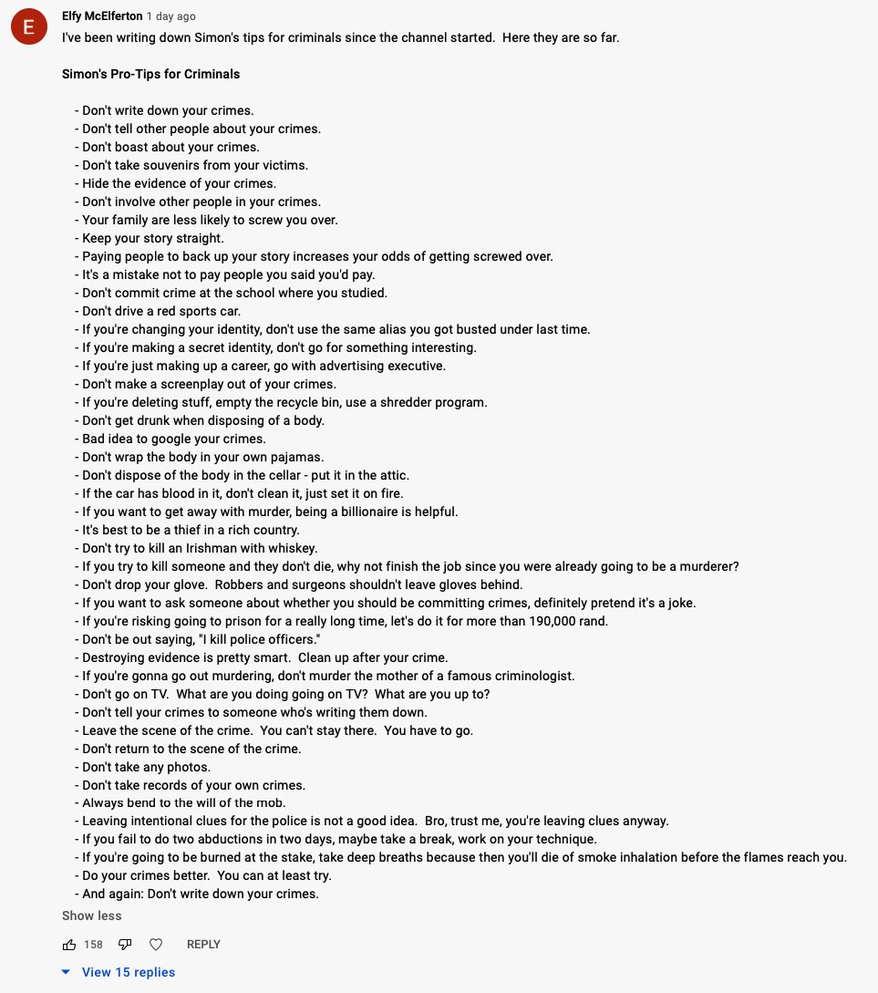 SimonWhistler's tweet image. This is an amazing compilation of "tips" from the Casual Criminalist. Thank you Elfy (whoever you are), you legend.