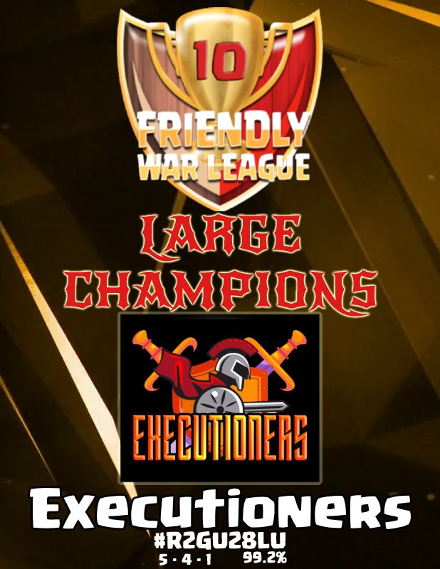 Congratulations Executioners for winning the Season 10's Large Division with an impressive playoffs run entering the playoffs at #7!  Good job friends! 💪💪

I'd like to once again thank all the clans that participated in season 10, and we hope to see you again in S11!