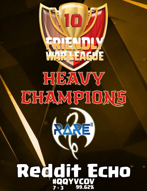 Congratulations <a href="/RedditEchoCoC/">Reddit Echo CoC</a> for winning the Season 10's Heavy Division with a perfect war on the finale. What a way to close out a perfect Season 10!

It has been an amazing, fun, and exciting season. Shoutout to all clans in S10 and our dedicated admins! See you soon in S11!