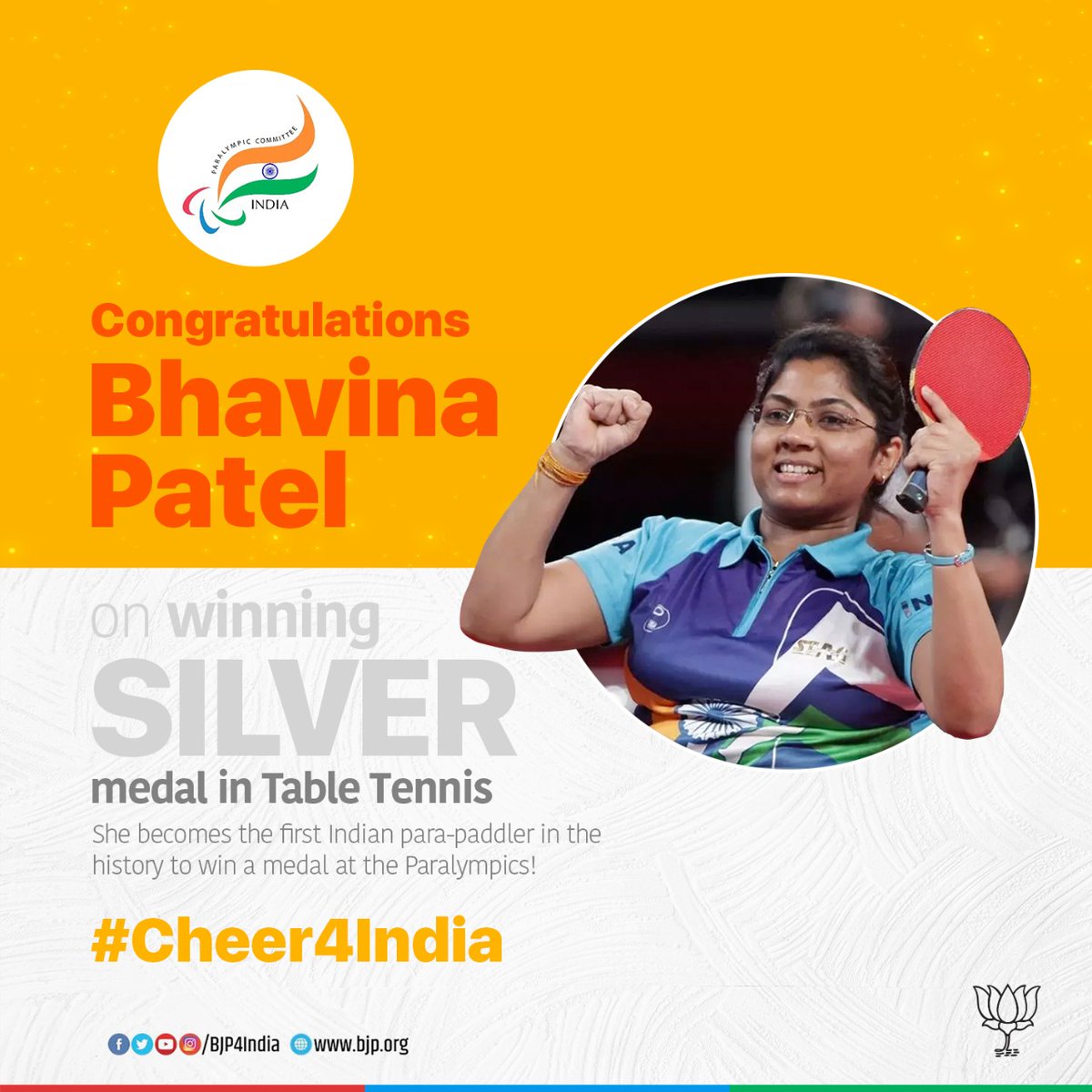 BJP4India's tweet photo. India 🇮🇳 wins its first medal at #Paralympics 2020. 

Para-paddler Bhavina Patel has won India's first ever silver medal at the Paralympics!

#Cheer4India #Tokyo2020 https://t.co/sKMsybmO3G