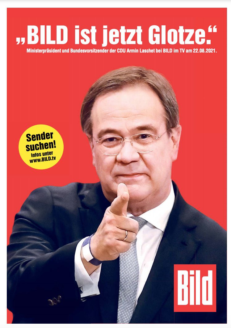 In passiv-aggressivem Tonfall kommentiert die CDU, die "Bild"-Werbung mit #Laschet sei nicht genehmigt worden. Nur mal ne Frage, CDU: Wen habt Ihr für Laschets Imagepflege angeheuert? Ja, genau: Ex-„Bild“-Chefin Tanit Koch. Also spart Euch die Krododilstränen und das Opfer-Getue.