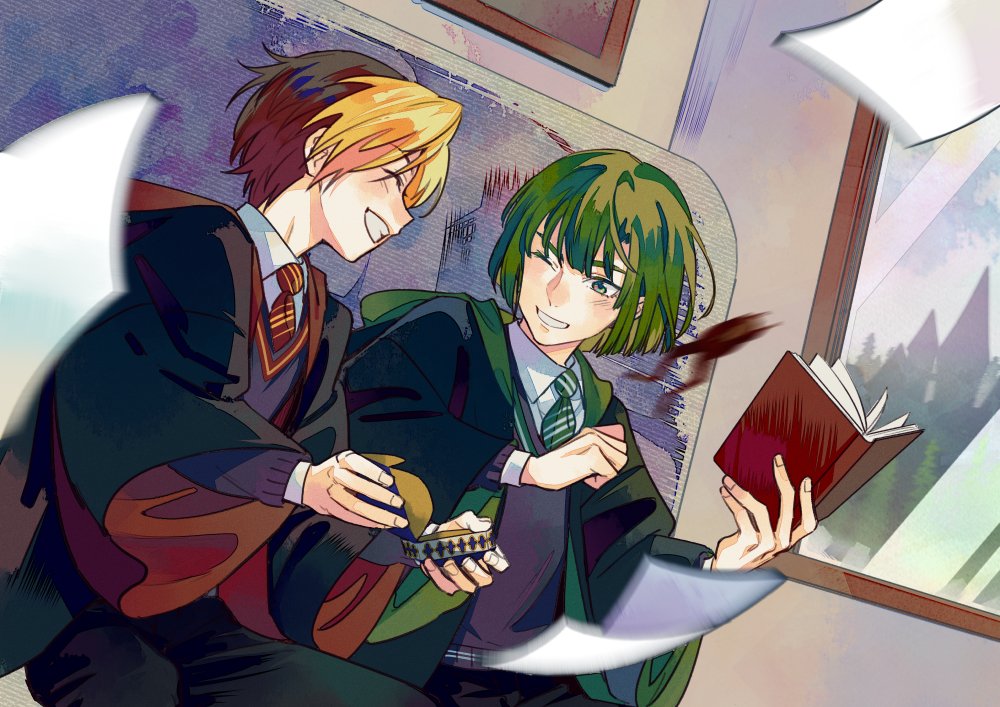 hogwarts school uniform school uniform multiple boys necktie 2boys book blonde hair  illustration images