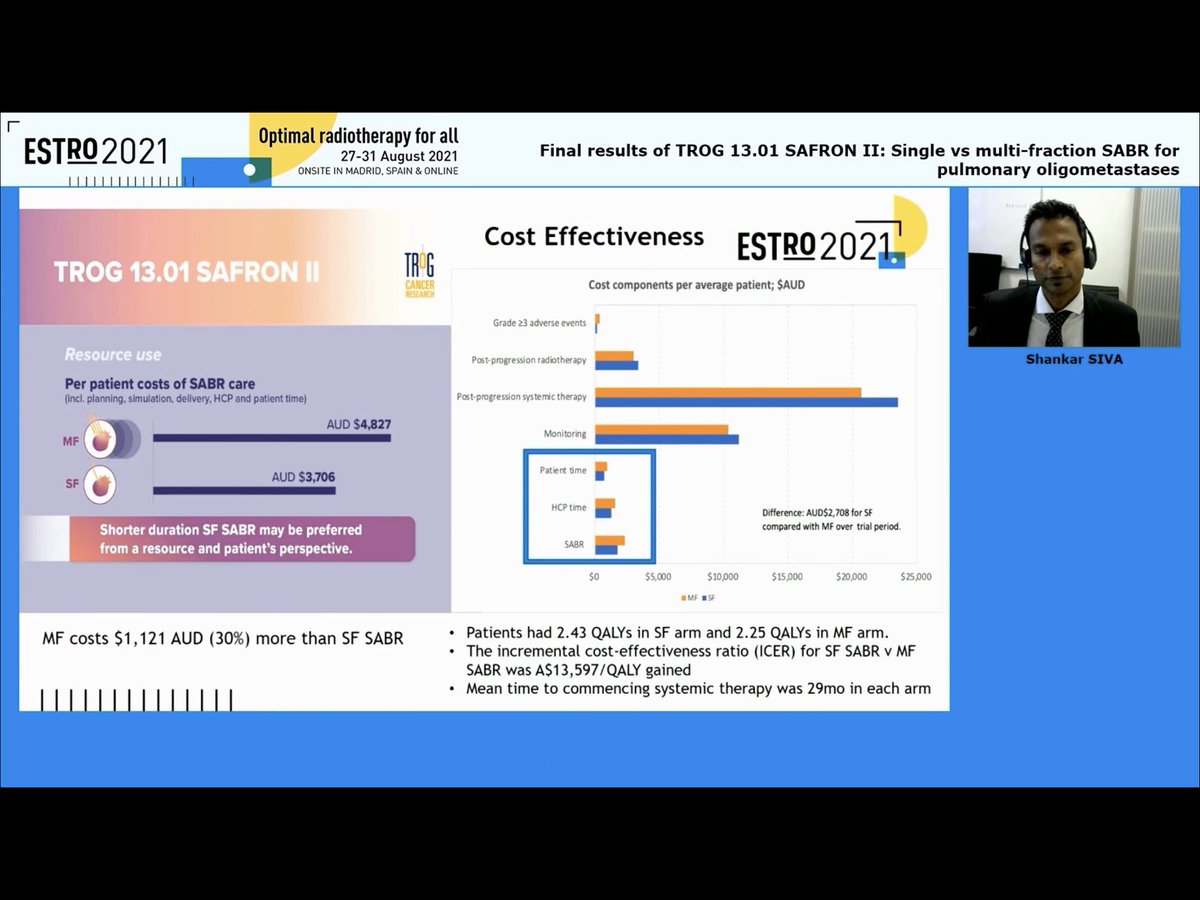 Shalini Vinod (@shalinivinod13) on Twitter photo 👏🏽👏🏽👏🏽<a href="/_ShankarSiva/">Shankar Siva</a> on presentation of SAFRON II final results. Single fraction now standard of care for suitable pulmonary oligometastases, esp in COVID era? Equivalent cancer outcomes, SF 30% ⬇️ costs. <a href="/TROGfightcancer/">TROG Cancer Research</a> <a href="/ESTRO_RT/">ESTRO</a> #ESTRO2021 👏🏽👏🏽👏🏽<a href="/_ShankarSiva/">Shankar Siva</a> on presentation of SAFRON II final results. Single fraction now standard of care for suitable pulmonary oligometastases, esp in COVID era? Equivalent cancer outcomes, SF 30% ⬇️ costs. <a href="/TROGfightcancer/">TROG Cancer Research</a> <a href="/ESTRO_RT/">ESTRO</a> #ESTRO2021