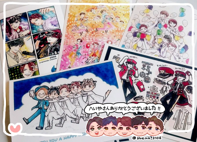 へいやさん(@__moroheiya__)のネップリさせていただきました☺️!とっても楽しそうであたたかな5人のイラストが素敵です🍀タブーのお衣装細かくてすごいですっ✨✨ありがとうございました🙇!! 