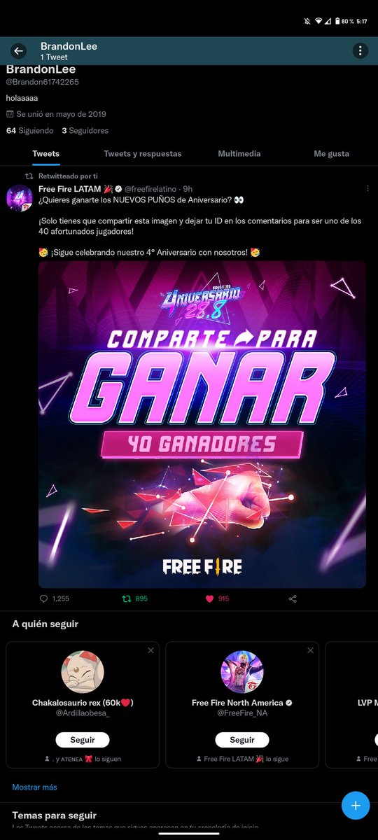 Brandon61742265's tweet photo. @freefirelatino Felicidades garena por el 4to aniversario, espero y sigan asi... Es un gran juego y es muy entretenido.. exitooo ¡¡SI SE PUEDE!! 🥳🎉

ID: 1025309919 https://t.co/piKGVjF1aR