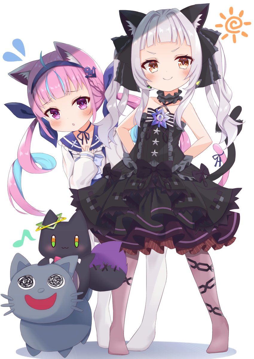 minato aqua ,murasaki shion multiple girls 2girls cat ears animal ears star brooch black dress criss-cross halter  illustration images