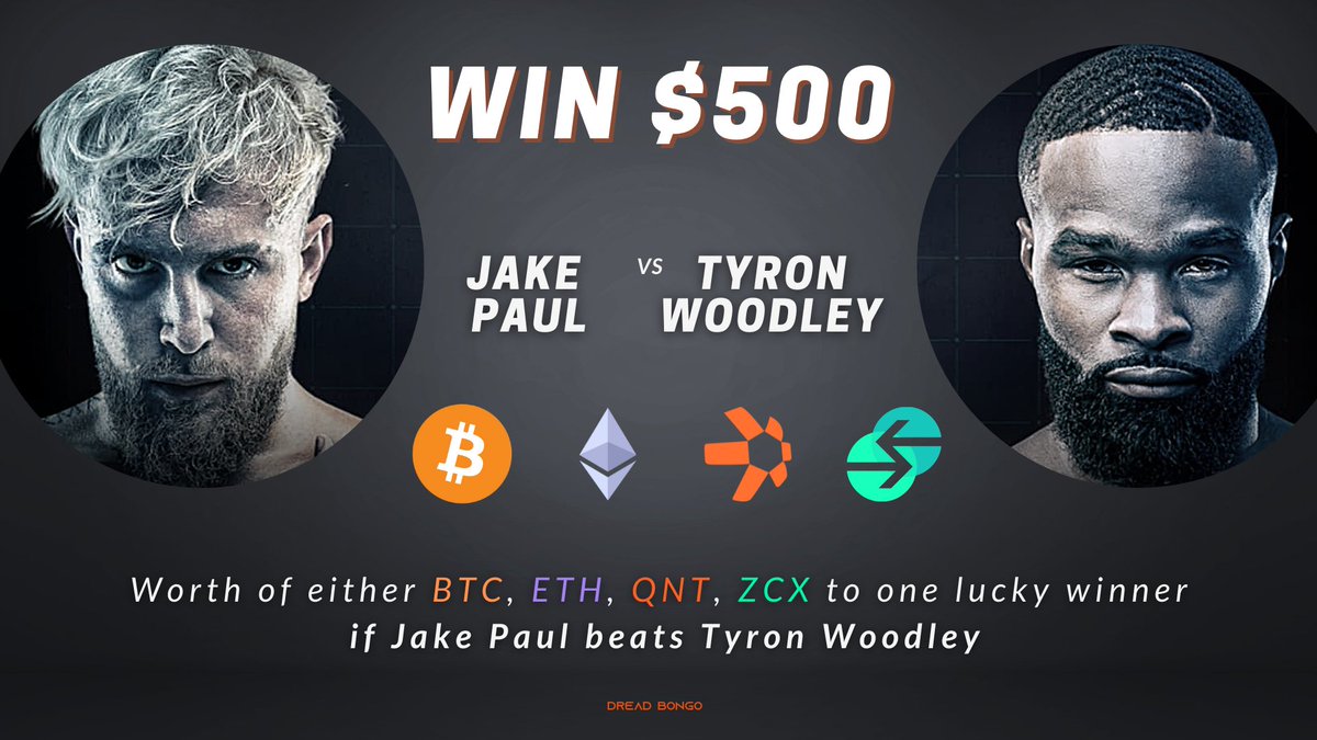 Let's have some fun 😏

If Jake Paul beats Tyron Woodley, I will giveaway $500 worth of either..

$BTC
$ETH
$QNT
$ZCX.. to one lucky winner🔥

✅Follow, Retweet &amp; Like to enter

Winner will be chosen at random after the fight if #JakePaul wins

#crypto #PaulWoodley #WoodleyPaul
