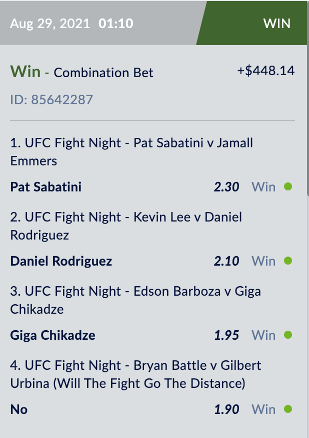 MMABets16's tweet photo. @ufc @giga_chikadze 10/12

Follow for parlay giveaways

#UFCVegas36 https://t.co/AjW75plrsT