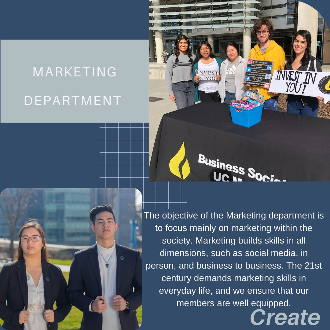 DAY 5: FIND YOUR PATH!🌐 Business Society prepares first generation students for the 21st century business world. We strive for professionalism and instill these values in our members. All majors are welcome to apply! Slide to learn about our marketing department!