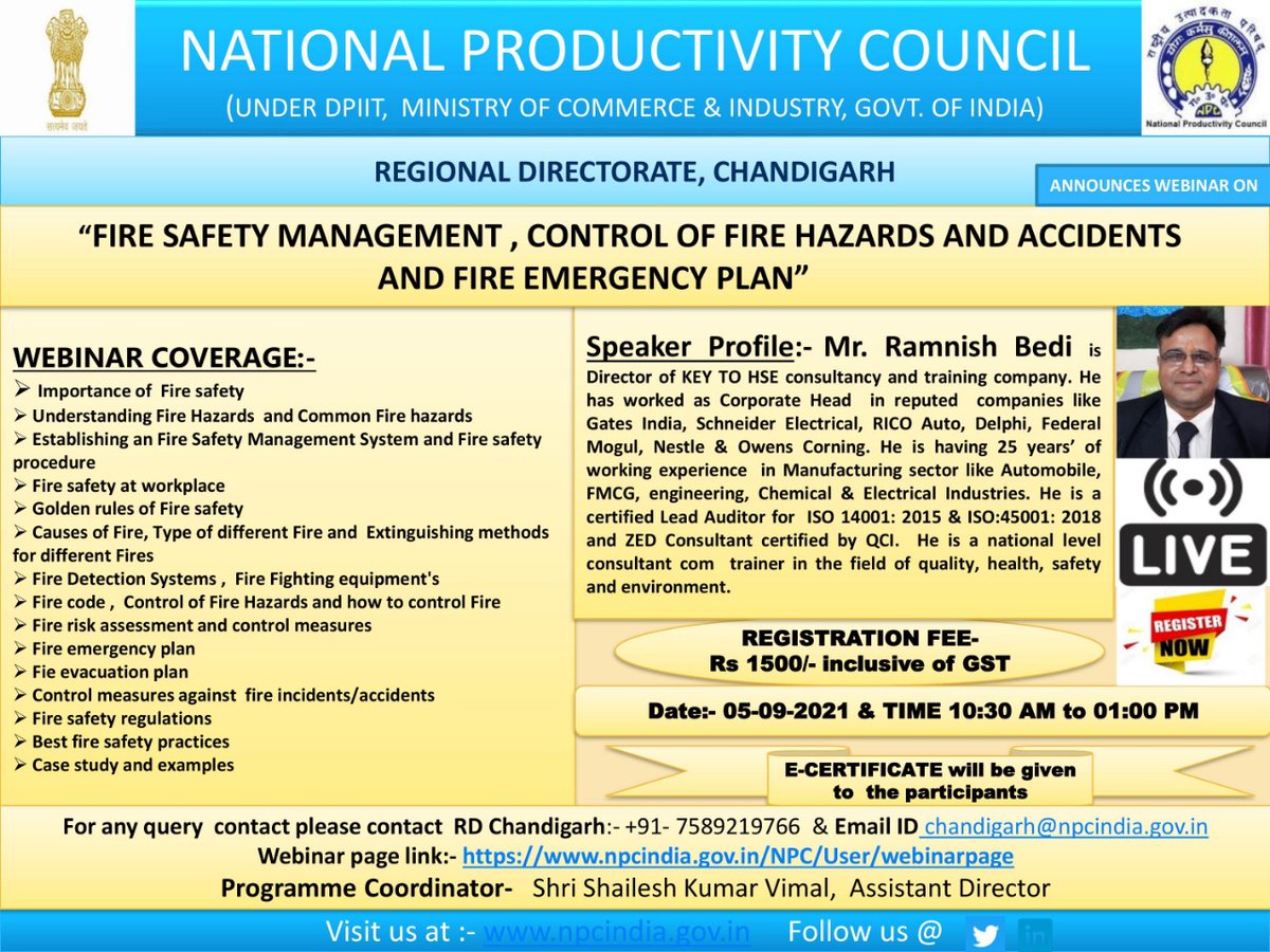NPC INDIA (@npc_india_gov) on Twitter photo Join <a href="/NPC_INDIA_GOV/">NPC INDIA</a> Online Program on "FIRE SAFETY MANAGEMENT, CONTROL OF FIRE HAZARDS & ACCIDENTS & FIRE EMERGENCY PLAN"
Date & Time: 05-09-2021 (02:30 PM to 04:30 PM)
To Register: npcindia.gov.in/NPC/User/webin…
Fee: Rs 1500/-
<a href="/SteelMinIndia/">Ministry of Steel</a> <a href="/SAILsteel/">Steel Authority of India Limited (SAIL)</a> <a href="/ficci_india/">FICCI</a>
#npcindia #online Join <a href="/NPC_INDIA_GOV/">NPC INDIA</a> Online Program on "FIRE SAFETY MANAGEMENT, CONTROL OF FIRE HAZARDS & ACCIDENTS & FIRE EMERGENCY PLAN"
Date & Time: 05-09-2021 (02:30 PM to 04:30 PM)
To Register: npcindia.gov.in/NPC/User/webin…
Fee: Rs 1500/-
<a href="/SteelMinIndia/">Ministry of Steel</a> <a href="/SAILsteel/">Steel Authority of India Limited (SAIL)</a> <a href="/ficci_india/">FICCI</a>
#npcindia #online